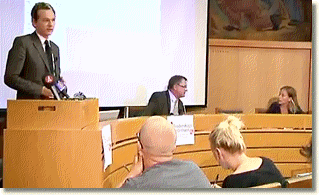 Julian Assange speaking at Stockholm seminar with Anna Ardin assisting